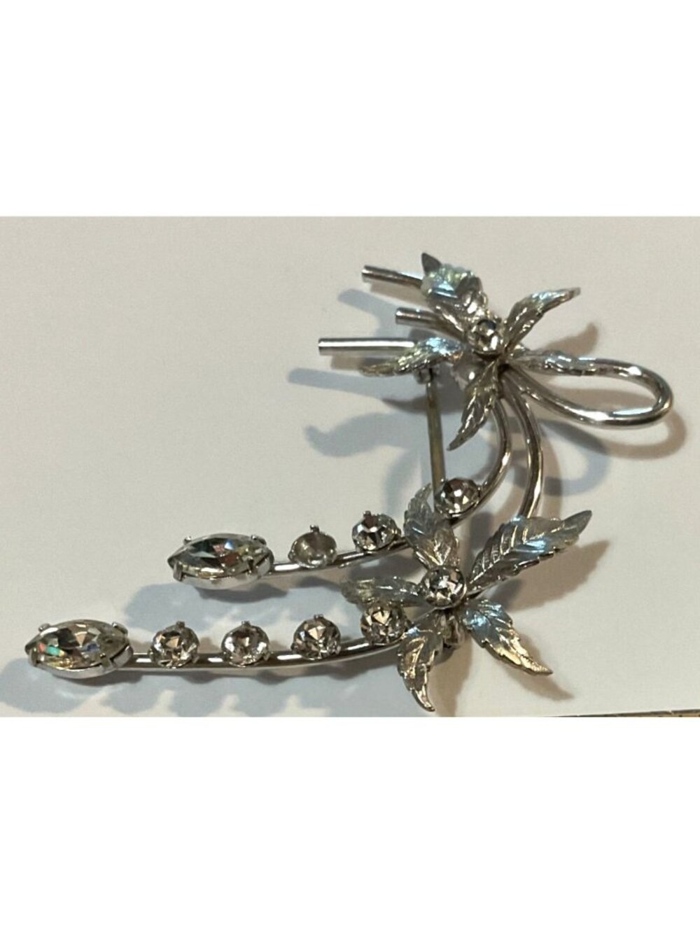 Vintage Silver Tone Floral Rhinestone Brooch Pin Krementz 1.75" L Jewelry